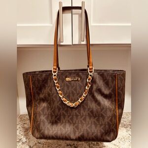 Michael Kors Signature Brown Tote with Chain Detail